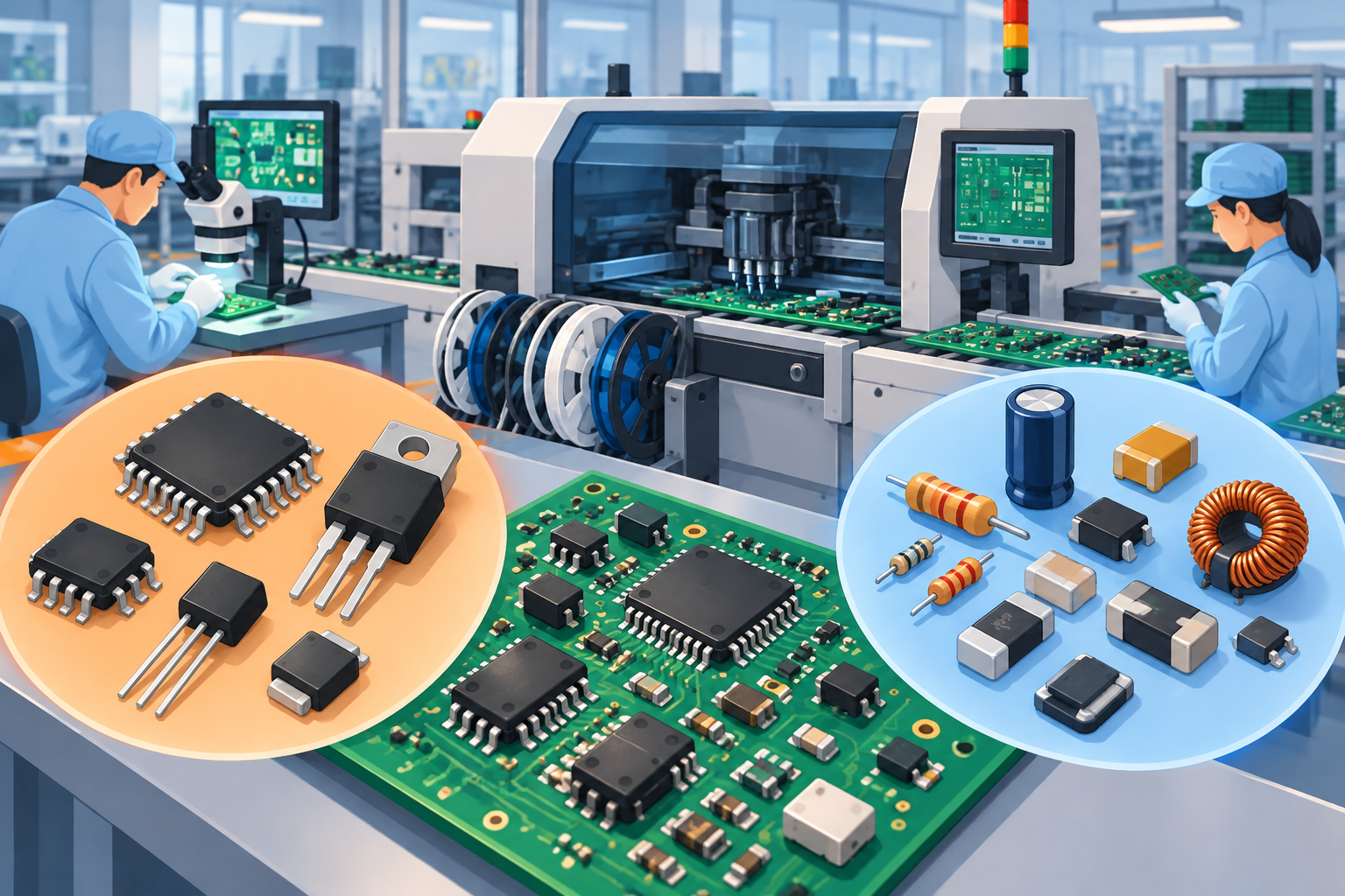 Active and passive electronic components on PCB during SMT manufacturing