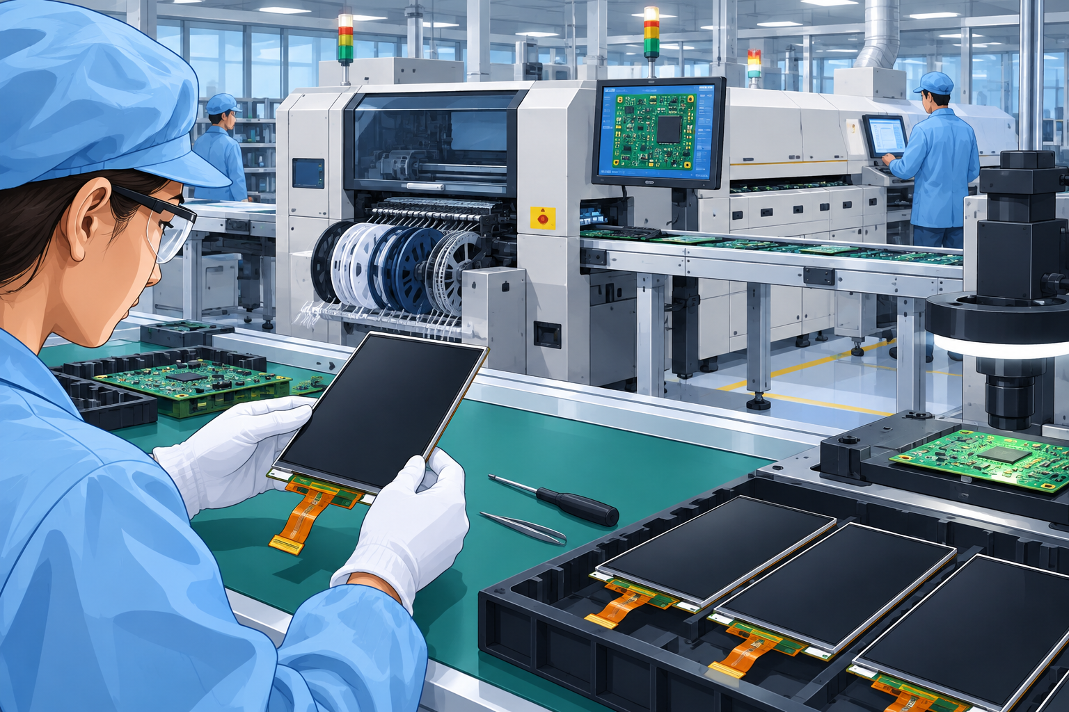 Display integration assembly showing touchscreen, TFT display, PCB and electronics manufacturing components
