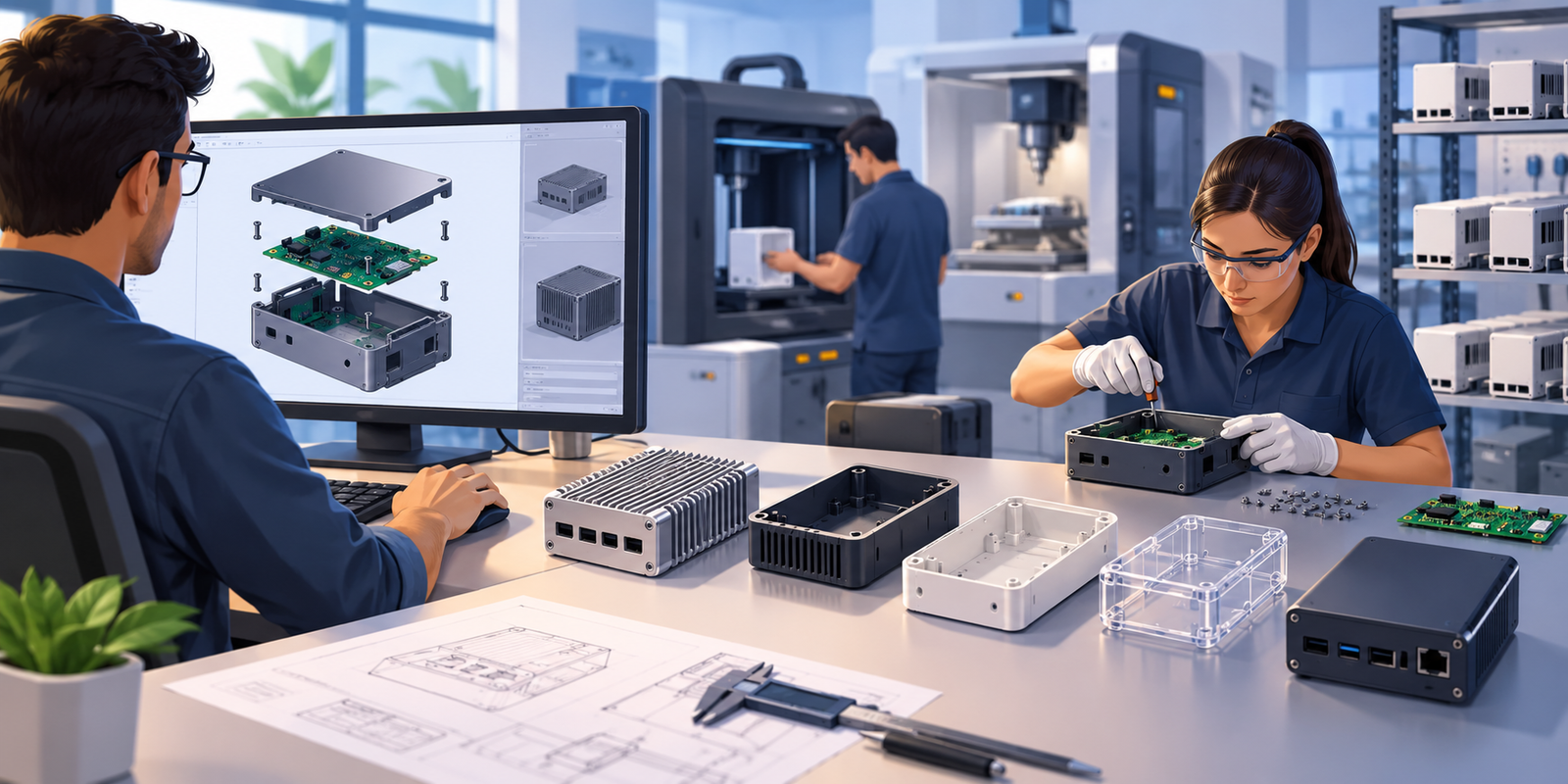 Electronics enclosure prototype with PCB, CNC machining, 3D printing and dimensional inspection