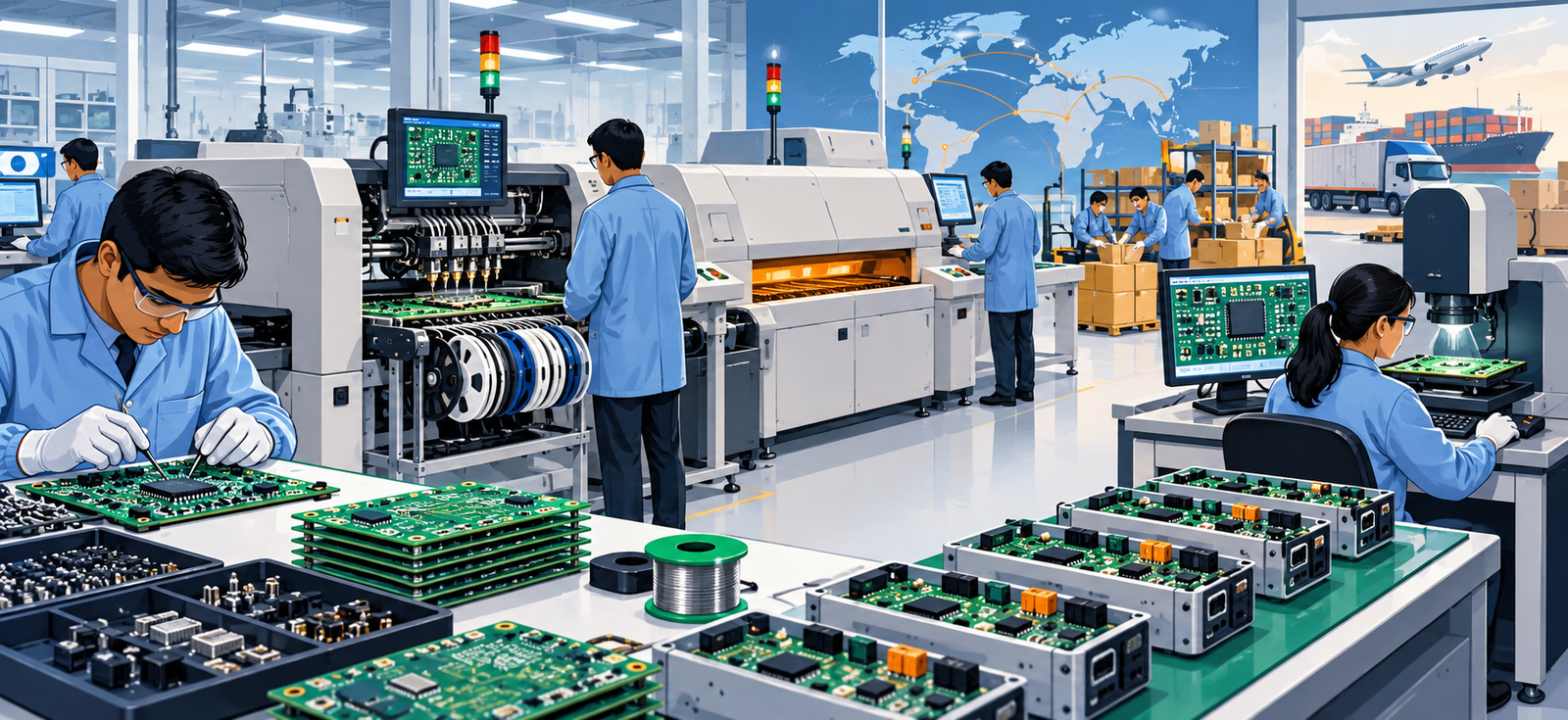 Electronics system integration showing PCB assembly, wiring, enclosure integration and functional testing