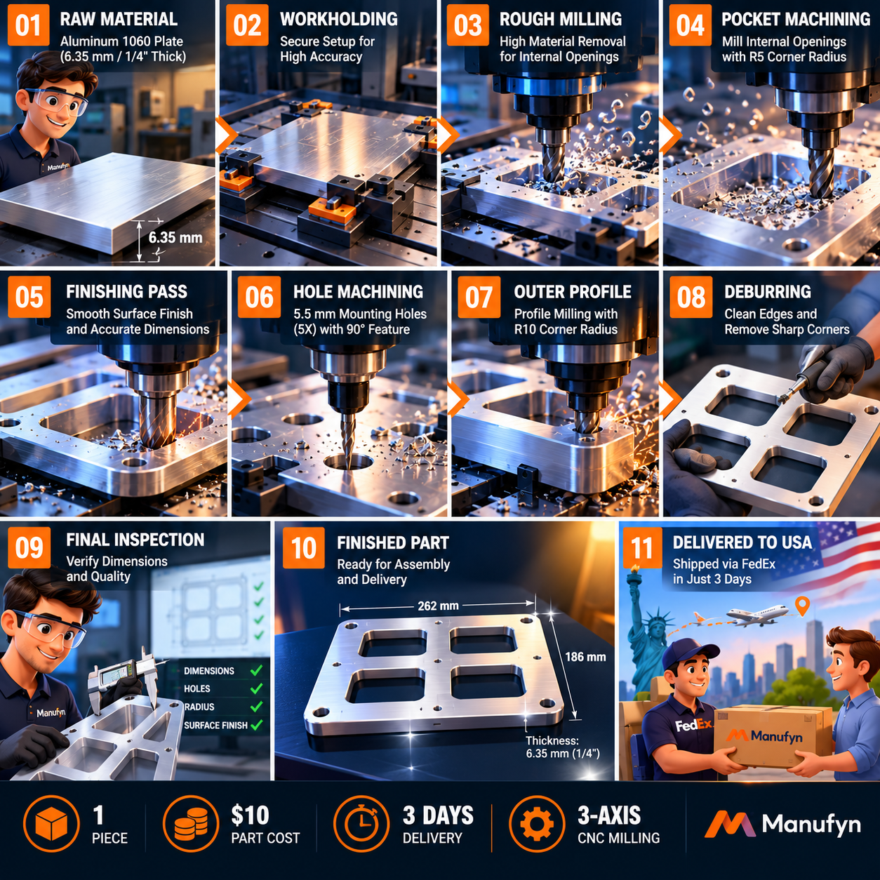 3-axis CNC milling of an Aluminum 1060 part for a US robotics conveyor assembly