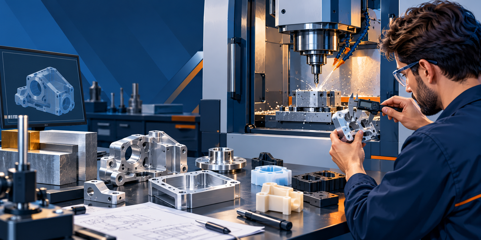 CNC milling machine manufacturing a precision prototype component with metal stock and inspection equipment