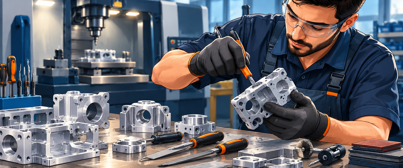 CNC prototype deburring of precision machined aluminum parts using a hand deburring tool in an engineering workshop