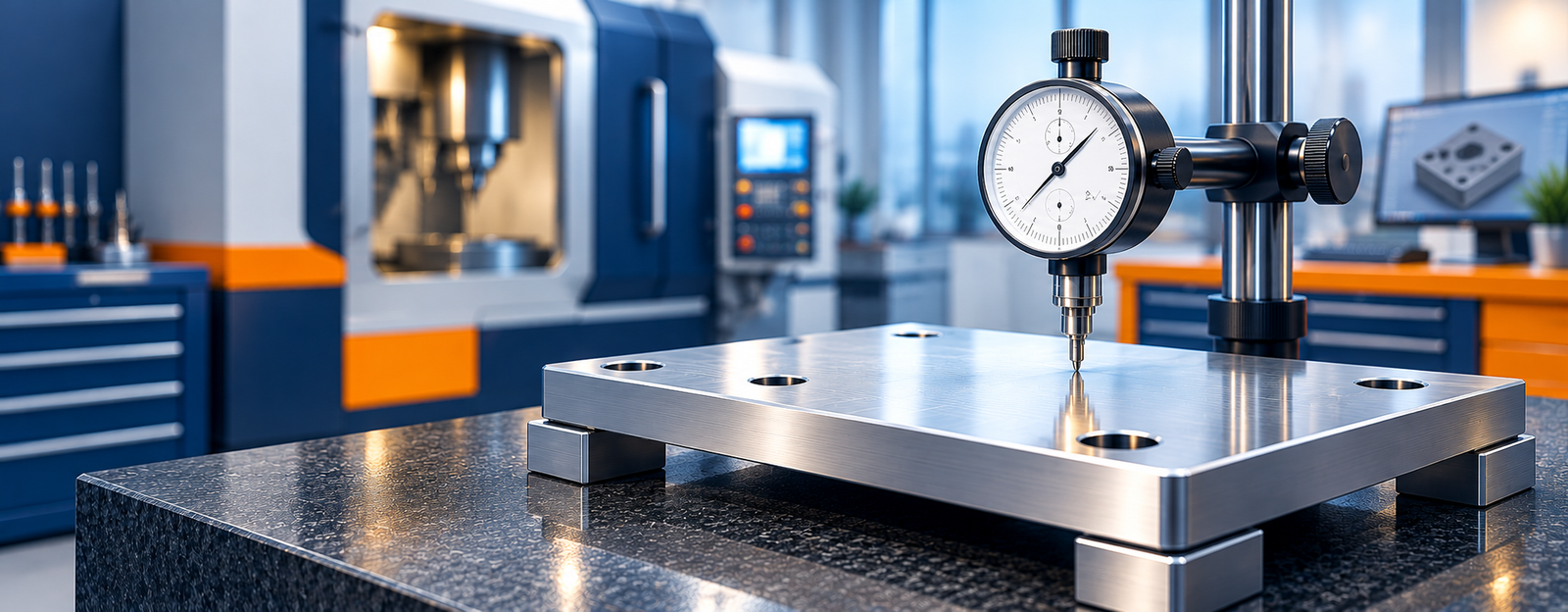Precision inspection of a CNC machined prototype plate using a dial indicator