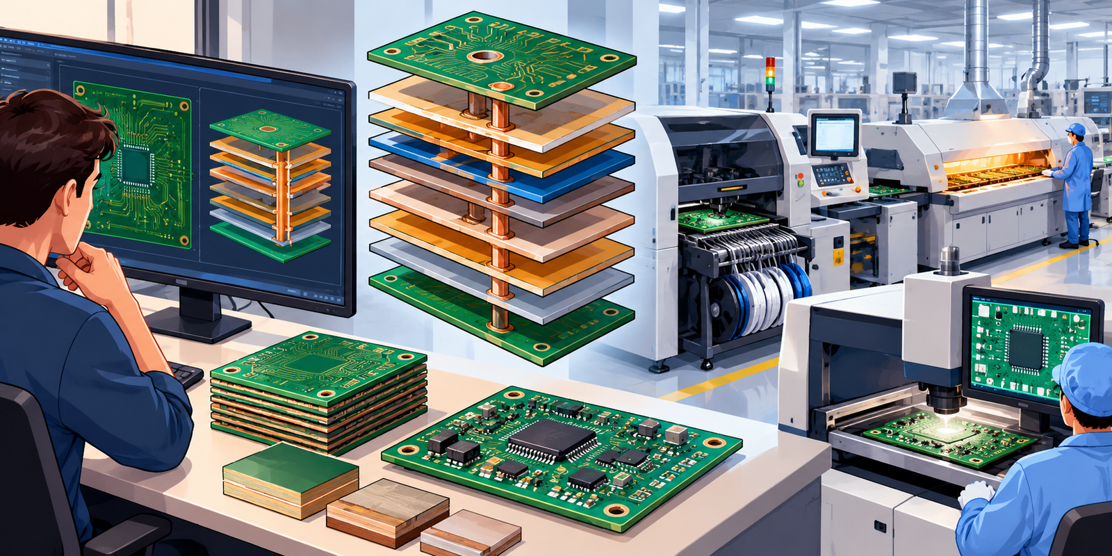 Exploded multilayer PCB showing copper layers, dielectric insulation and plated vias.