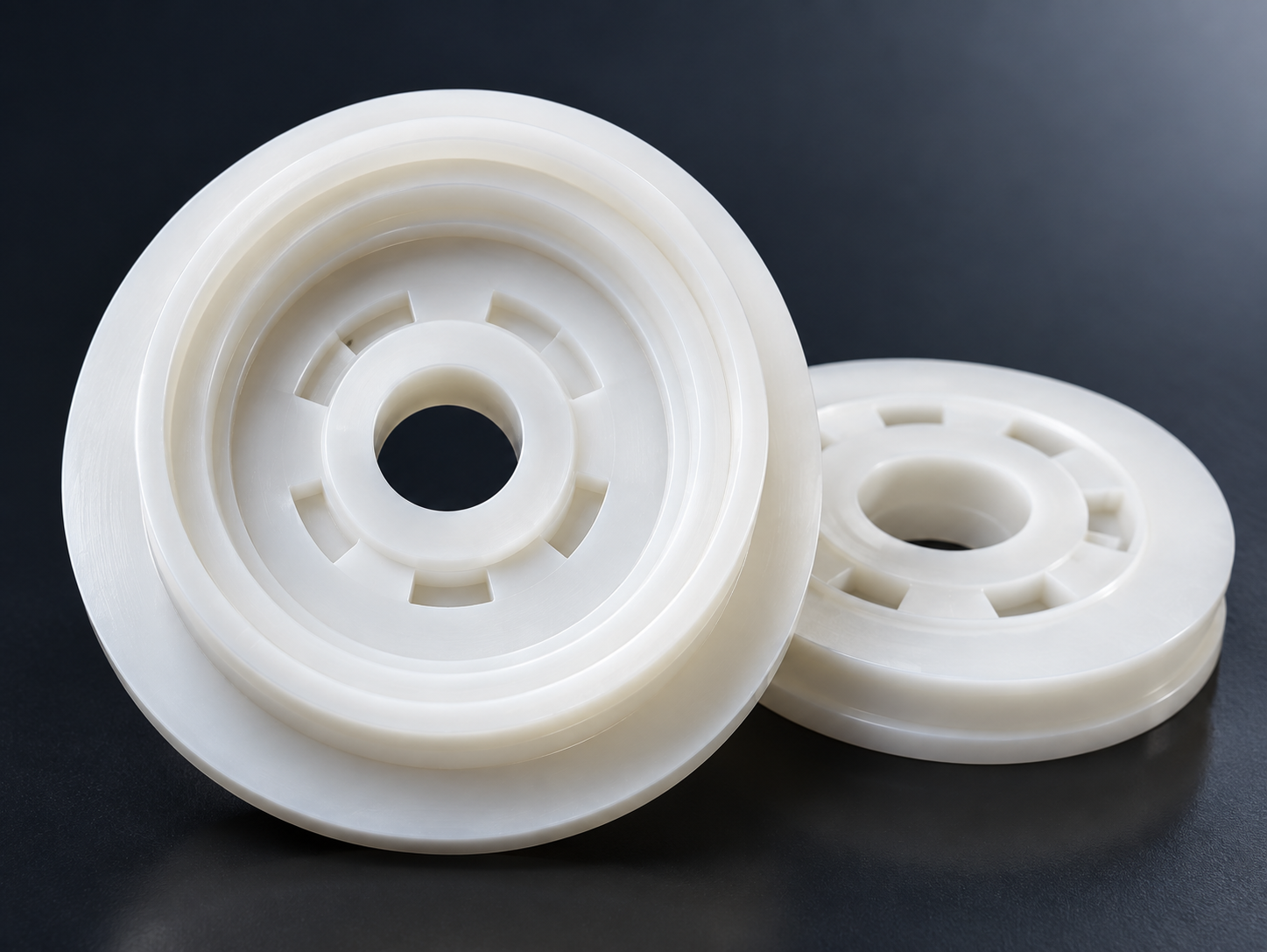 Finished PP Homopolymer precision machined component showing concentric grooves