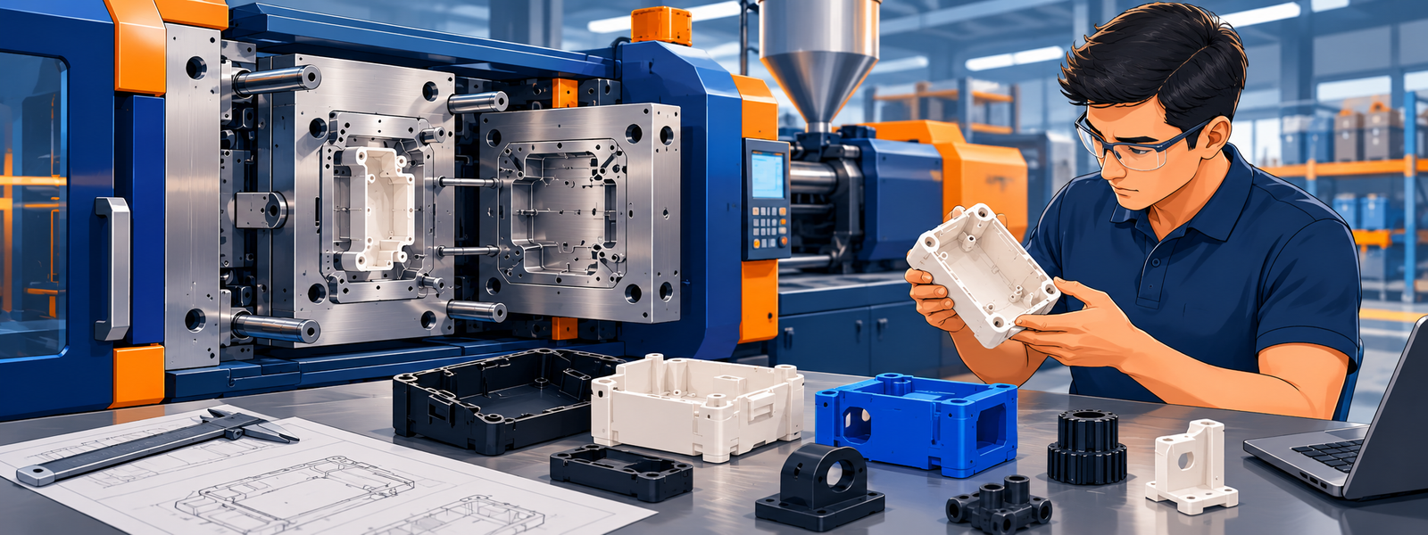 Injection molding tool and engineer inspecting a functional plastic prototype