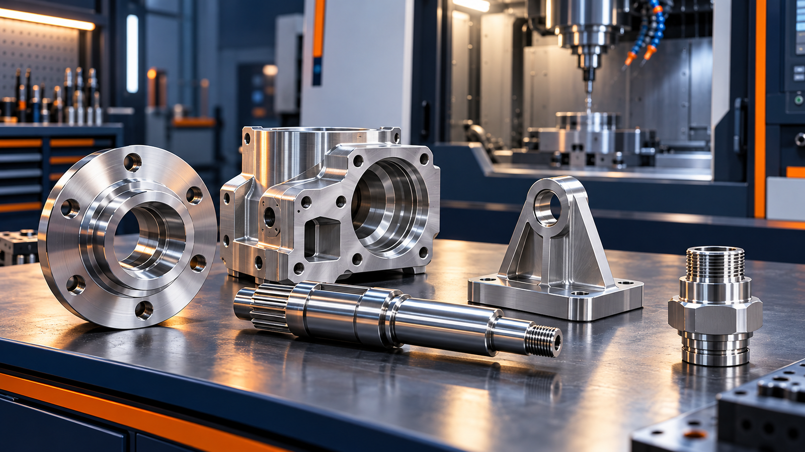 CNC machined stainless steel prototype parts including a flange, housing, shaft and precision metal components