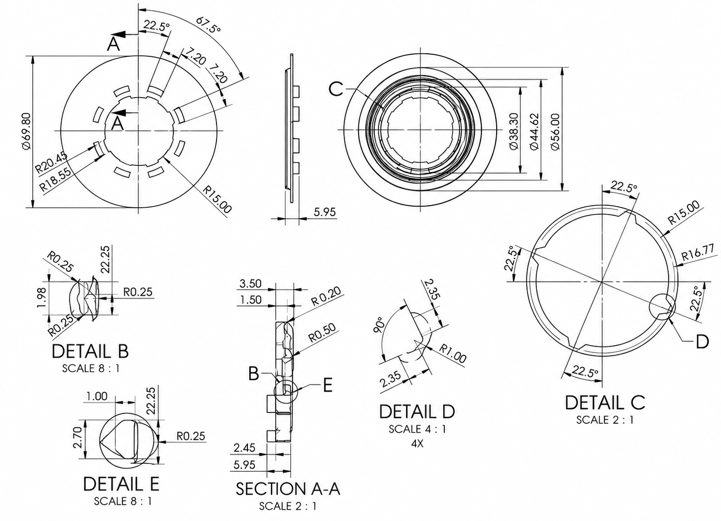Technical drawing of PP Homopolymer Side Seal 2 showing concentric diameters and angular features